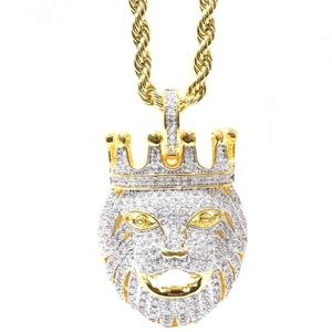 14k Gold Diamond Iced Out Lion Face Charm Chain